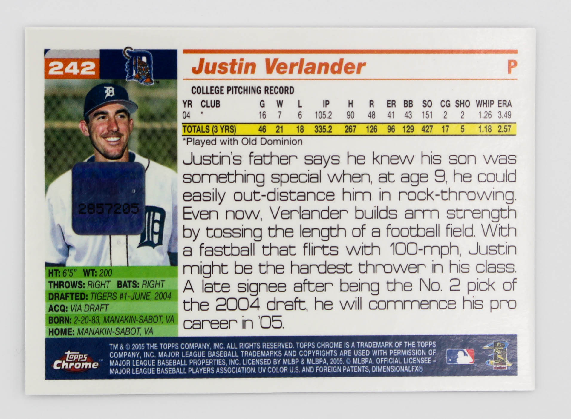  2005 Topps Total Baseball #762 Justin Verlander Rookie Card :  Collectibles & Fine Art